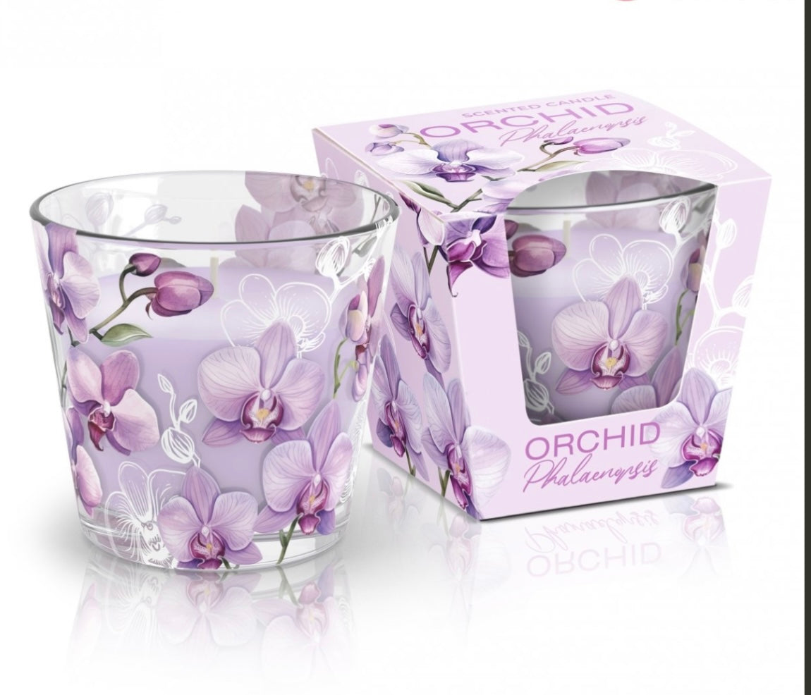Svece stikla traukā ar aromātu “Orchid Phalaenopsis” 115 g, 30 h