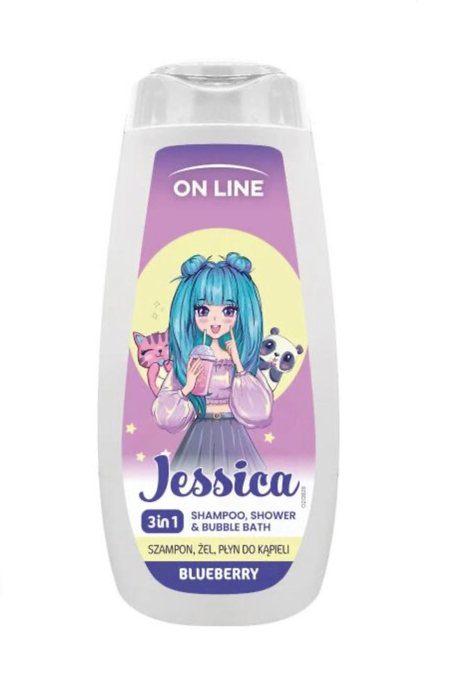 On Line Jessica 3 vienā šampūns, dušas želeja un vannas putas ar melleņu aromātu, 400 ml