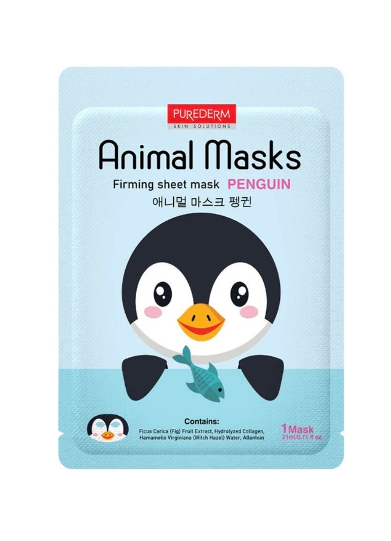 PUREDERM Animal Mask Pingvīns – nostiprinoša sejas maska ar kolagēnu un vīģes ekstraktu, 21 ml, Korejas kosmētika