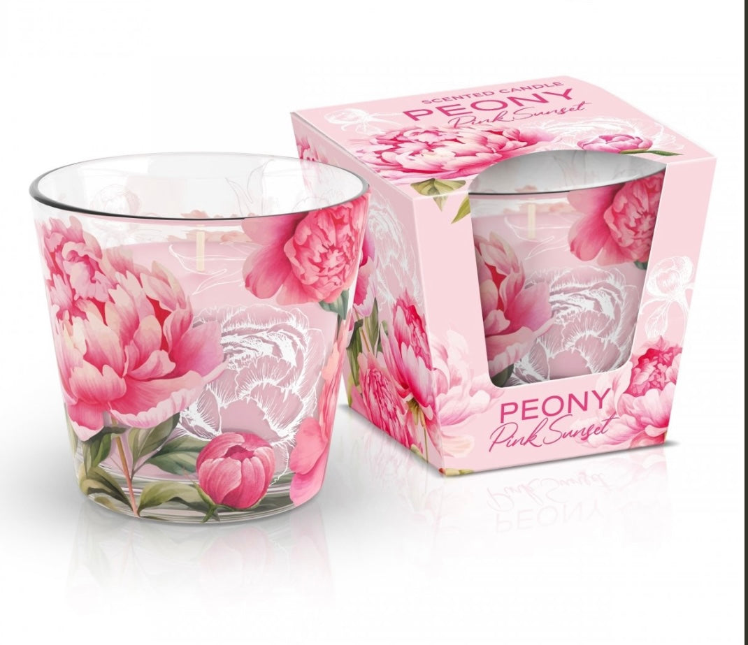 Svece stikla traukā ar aromātu “Peony Pink Sunset” 115 g, 30 h