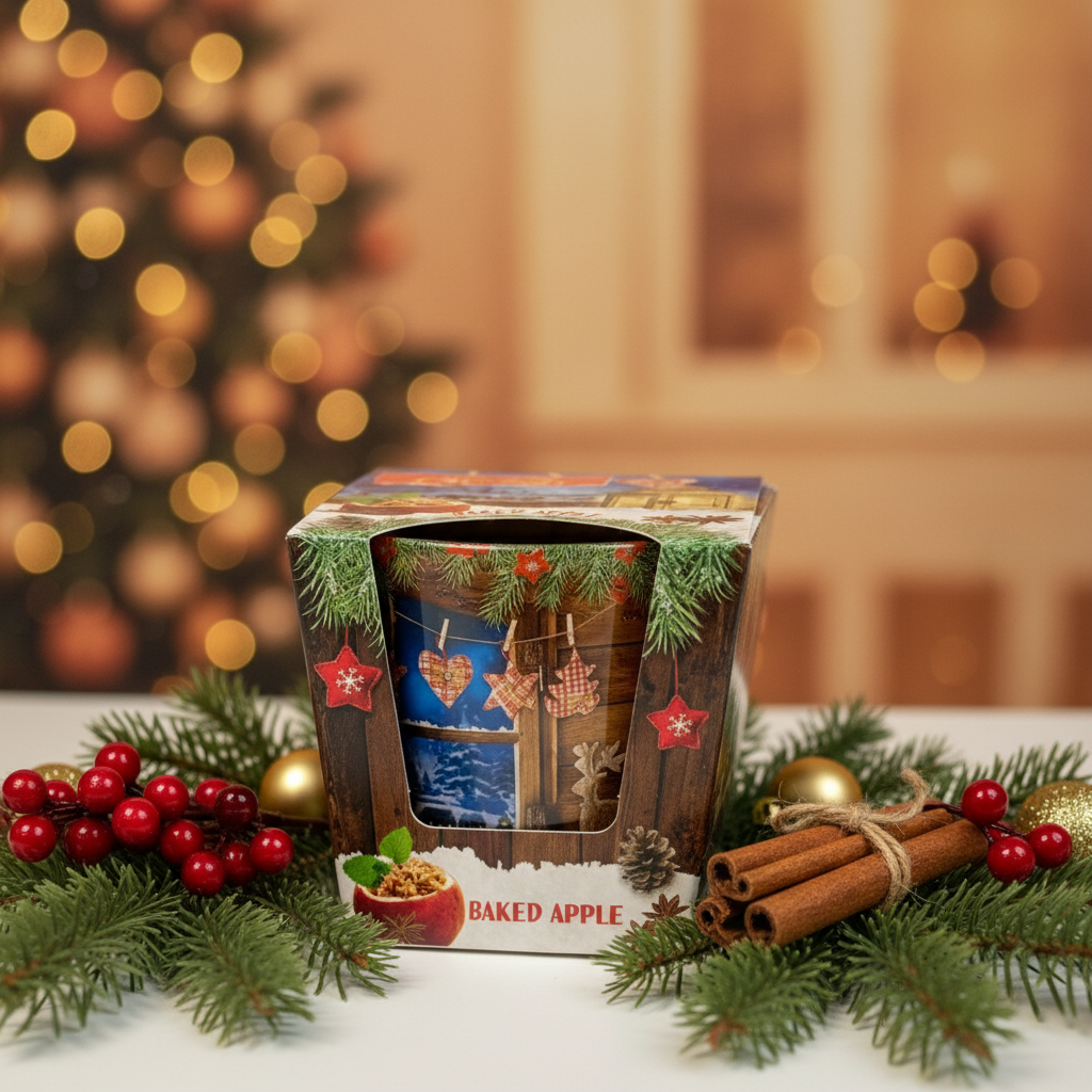 Baked apple candle with Christmas background