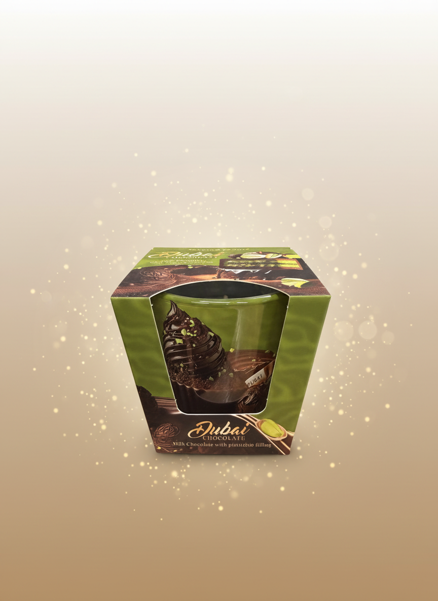 Dubai Chocolate with gold bokeh background
