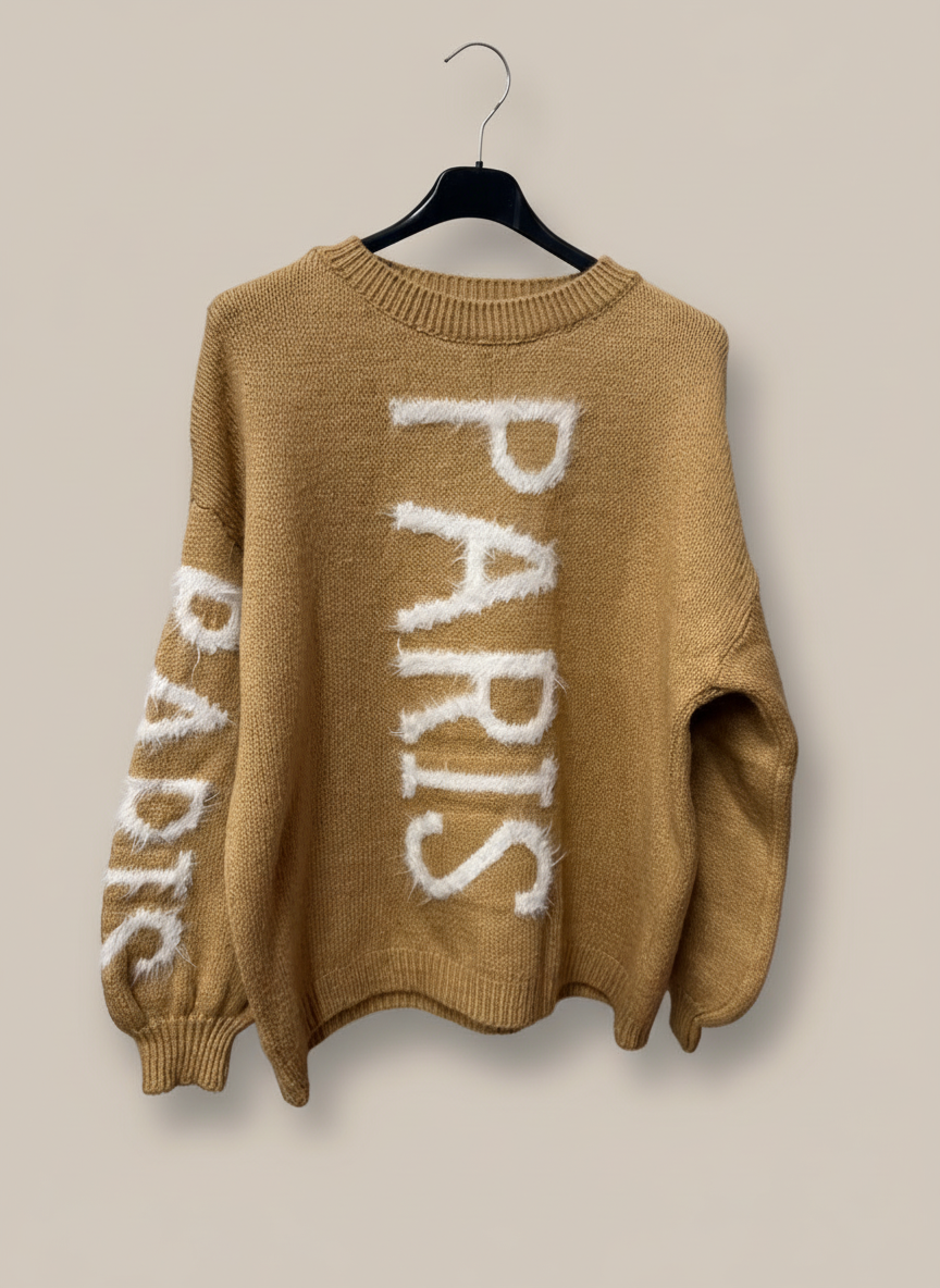 Gold PARIS sweater with neutral background