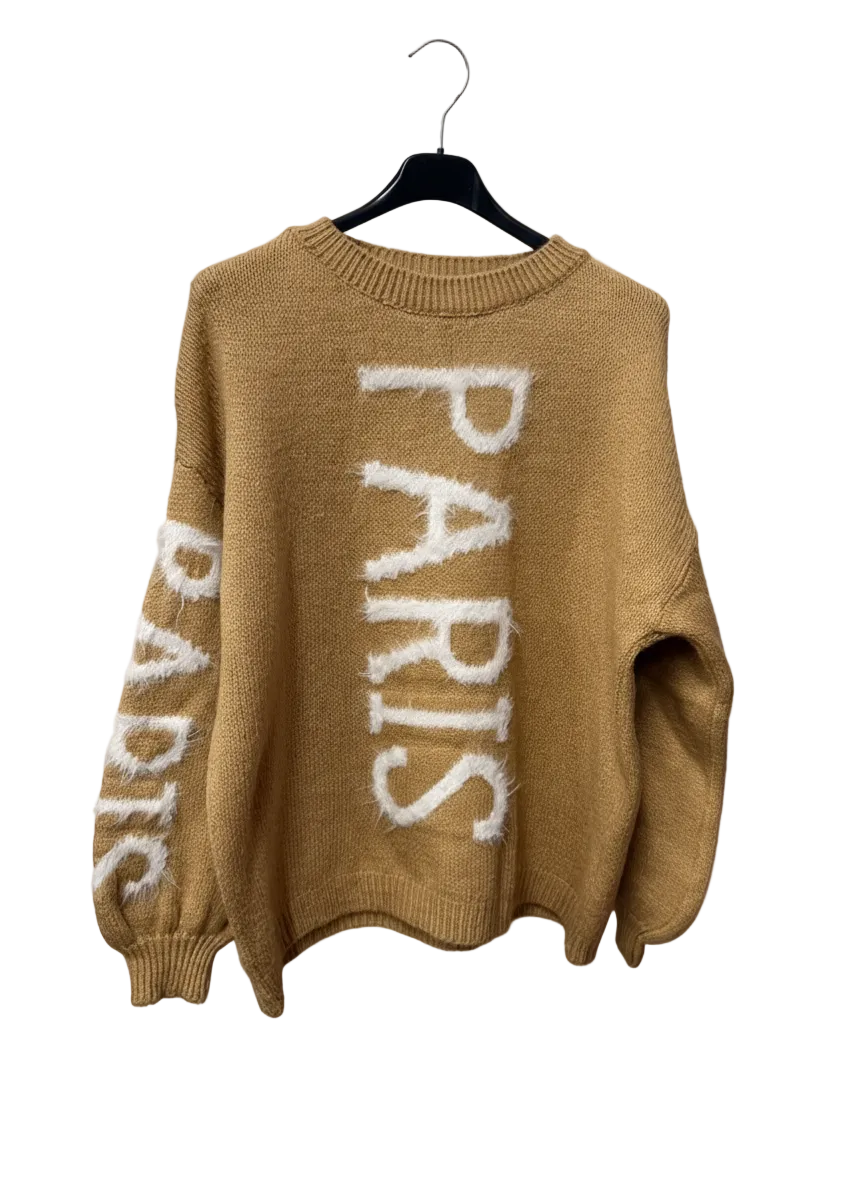 Gold PARIS sweater with neutral background