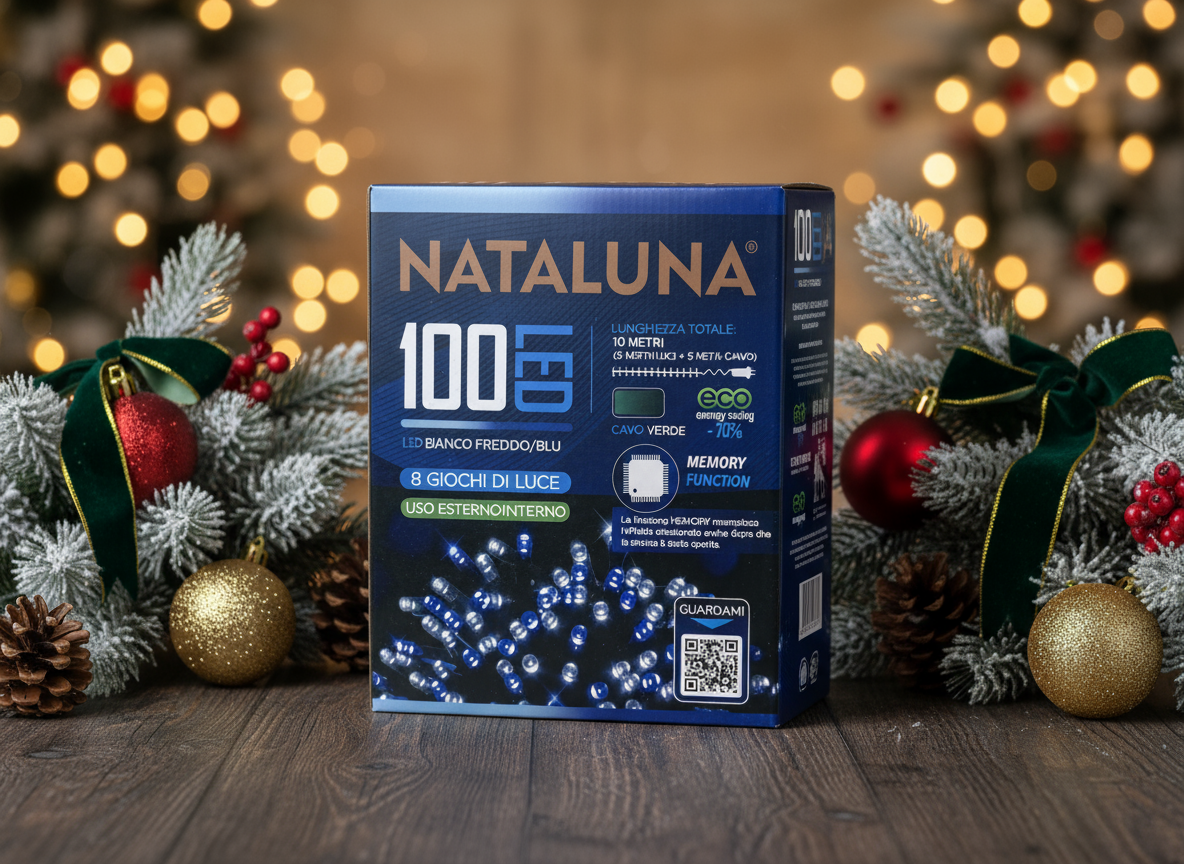 Ziemassvētku 100 LED gaismiņas auksti baltas/zilas 10m