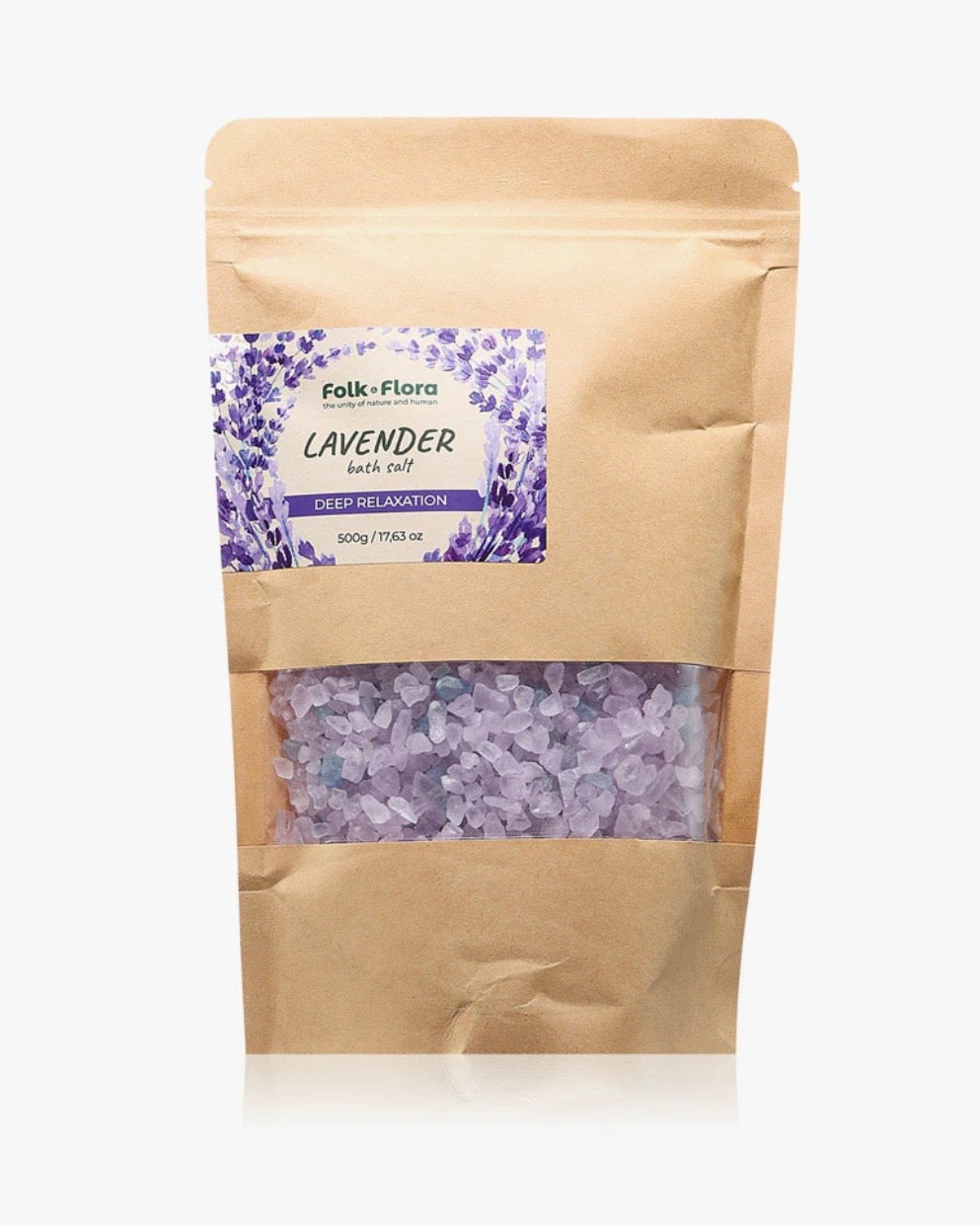 Folk Flora Lavandas dziļas relaksācijas vannas sāls, 500 g