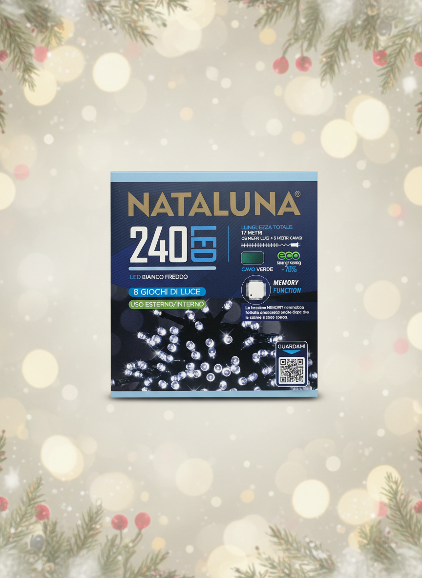 Ziemassvētku 240 LED gaismiņas auksti baltas 17 metri