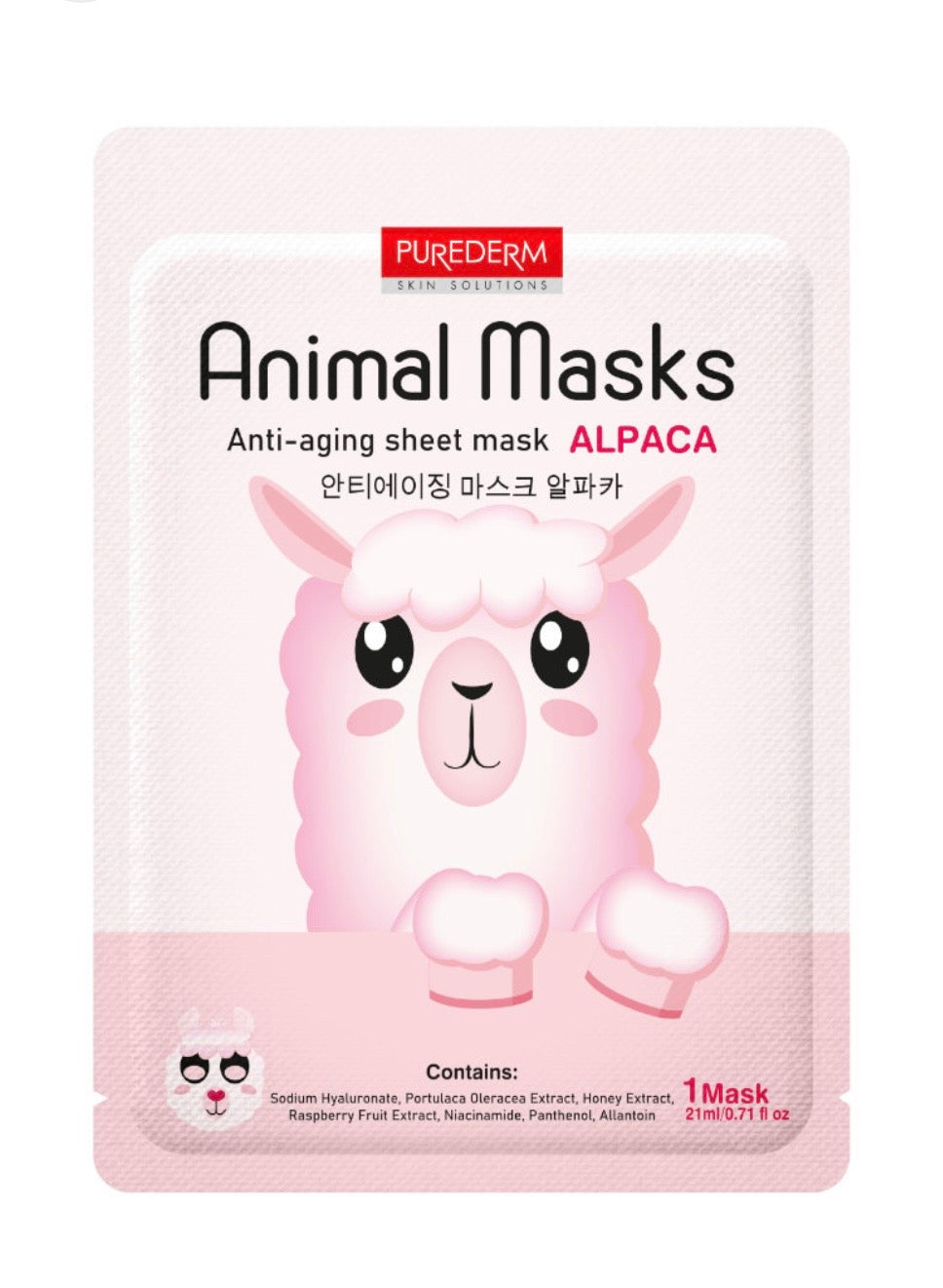 PUREDERM Animal Mask Alpaka – pretnovecošanās auduma sejas maska, 21 ml, Korejas kosmētika
