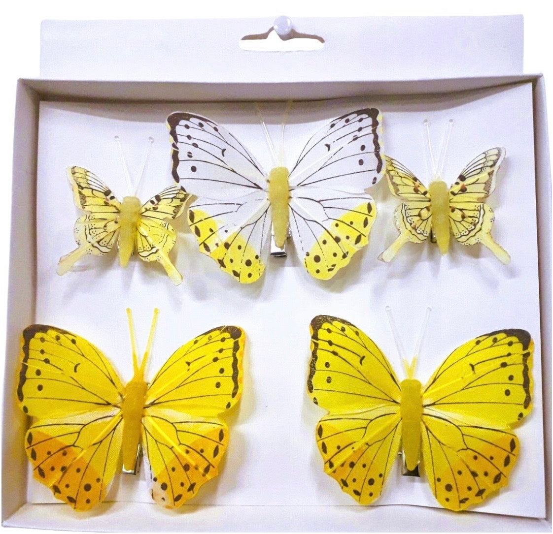 Dekoratīvās piespraudes Taurenīši, 5 gab., dzeltenu/zaļu toņu miks