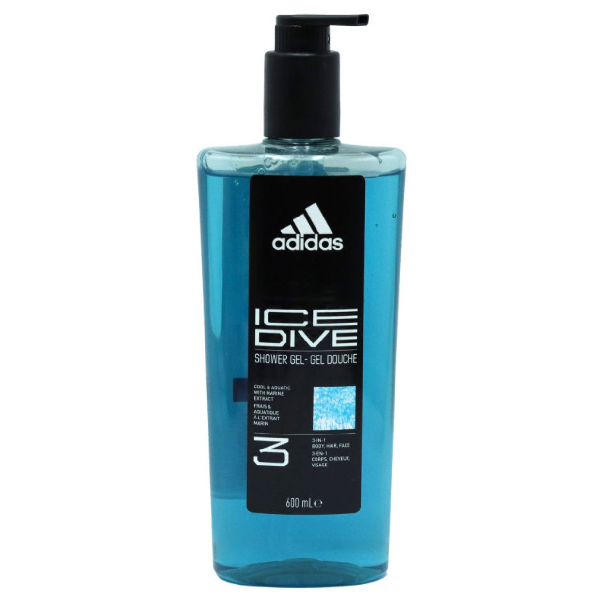 Adidas Ice Dive 3 in 1 dušas želeja ar dozatoru 600 ml – ķermenim, sejai un matiem
