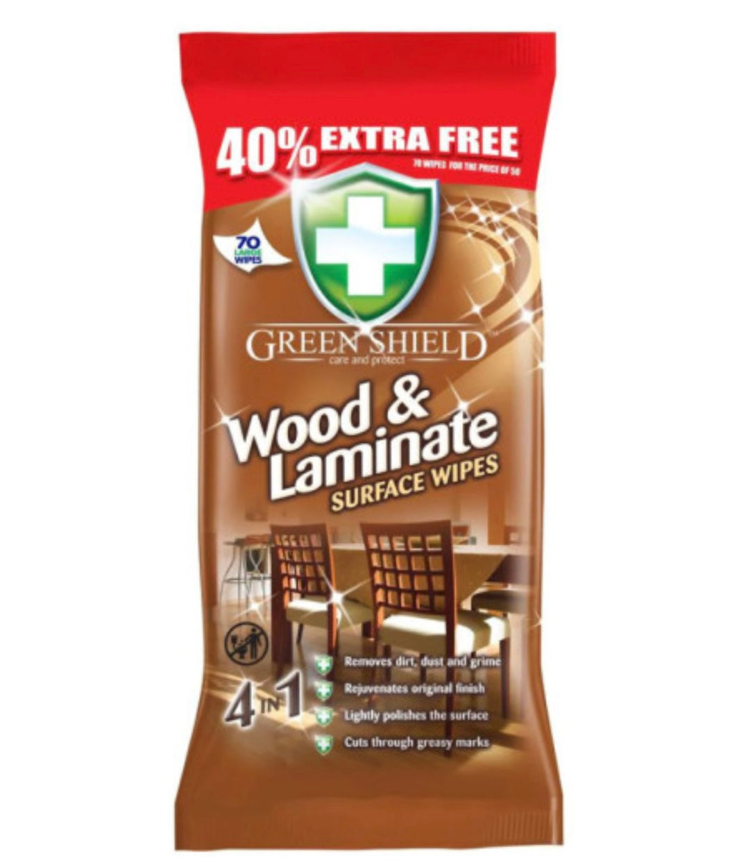 Green Shield-mitrās salvetes koka un lamināta virsmu tīrīšanai 70 gab