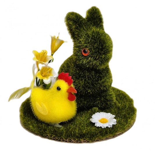 Lieldienu dekors “Zaķis ar vistiņu uz paliktņa”