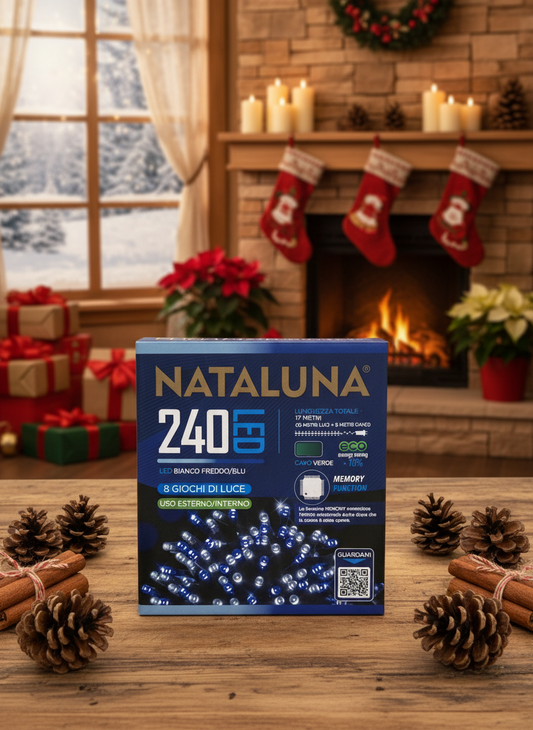 Ziemassvētku 240 LED gaismiņas auksti baltas/zilas 17 metri