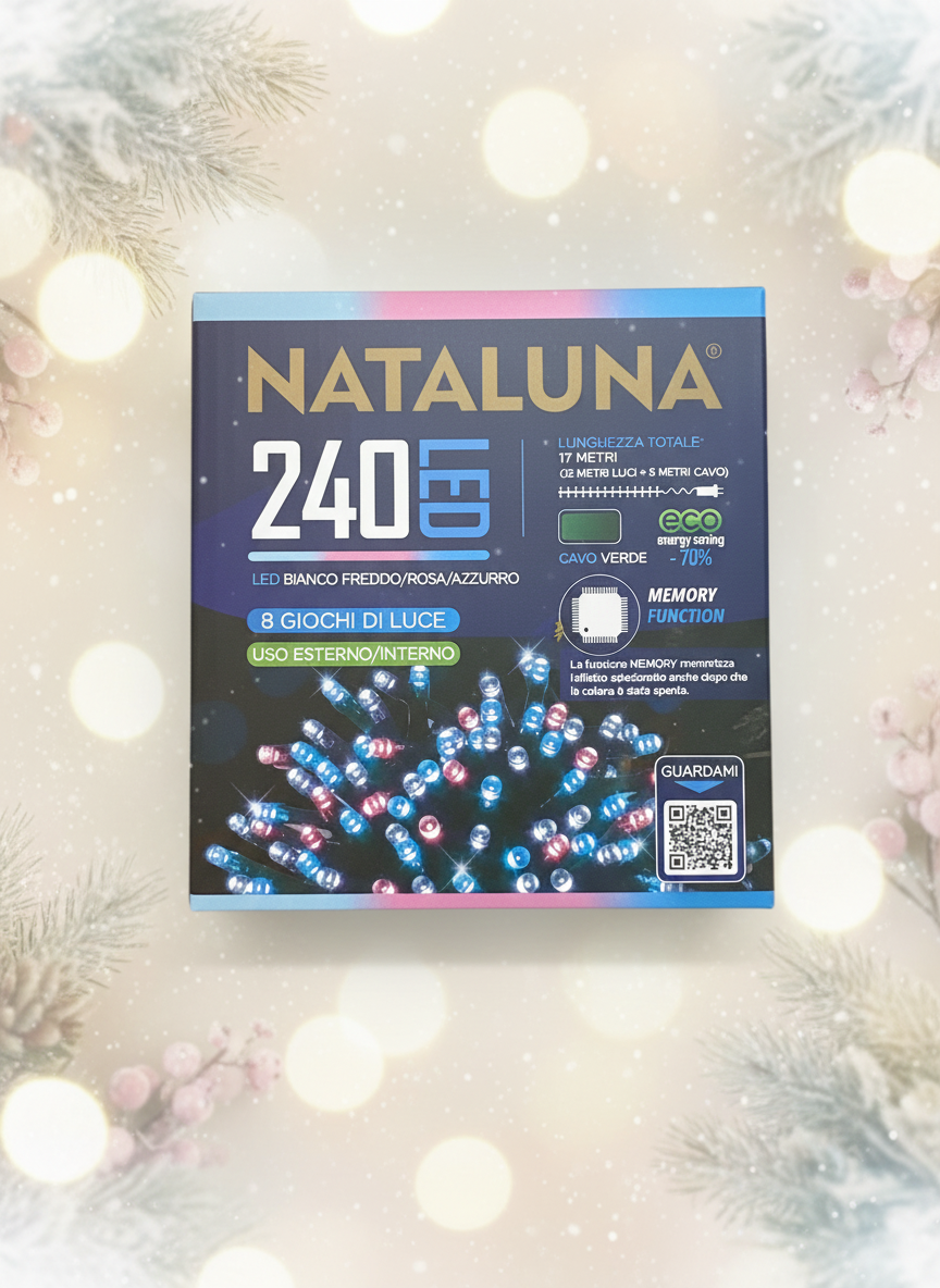 Ziemassvētku 240 LED gaismiņas auksti baltas/rozā/zilas 17 metri