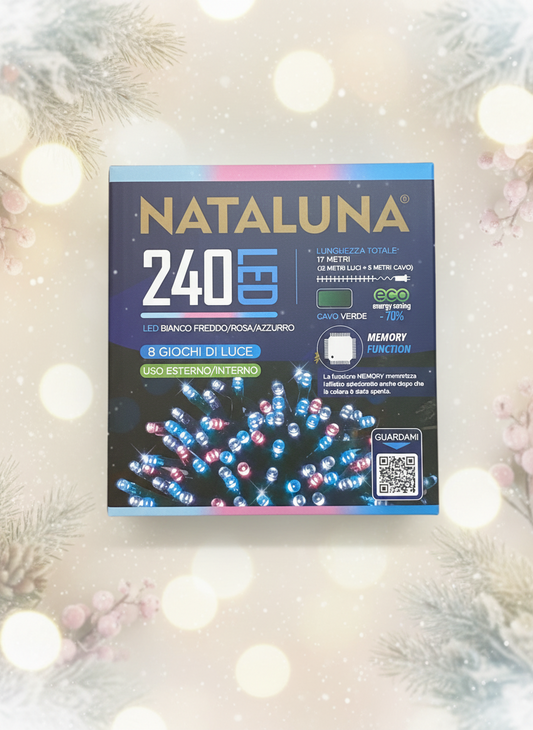 Ziemassvētku 240 LED gaismiņas auksti baltas/rozā/zilas 17 metri