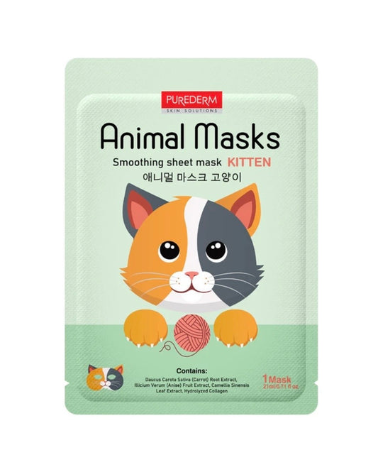 PUREDERM Animal Mask Kaķis – izlīdzinoša auduma sejas maska, 21 ml, Korejas kosmētika
