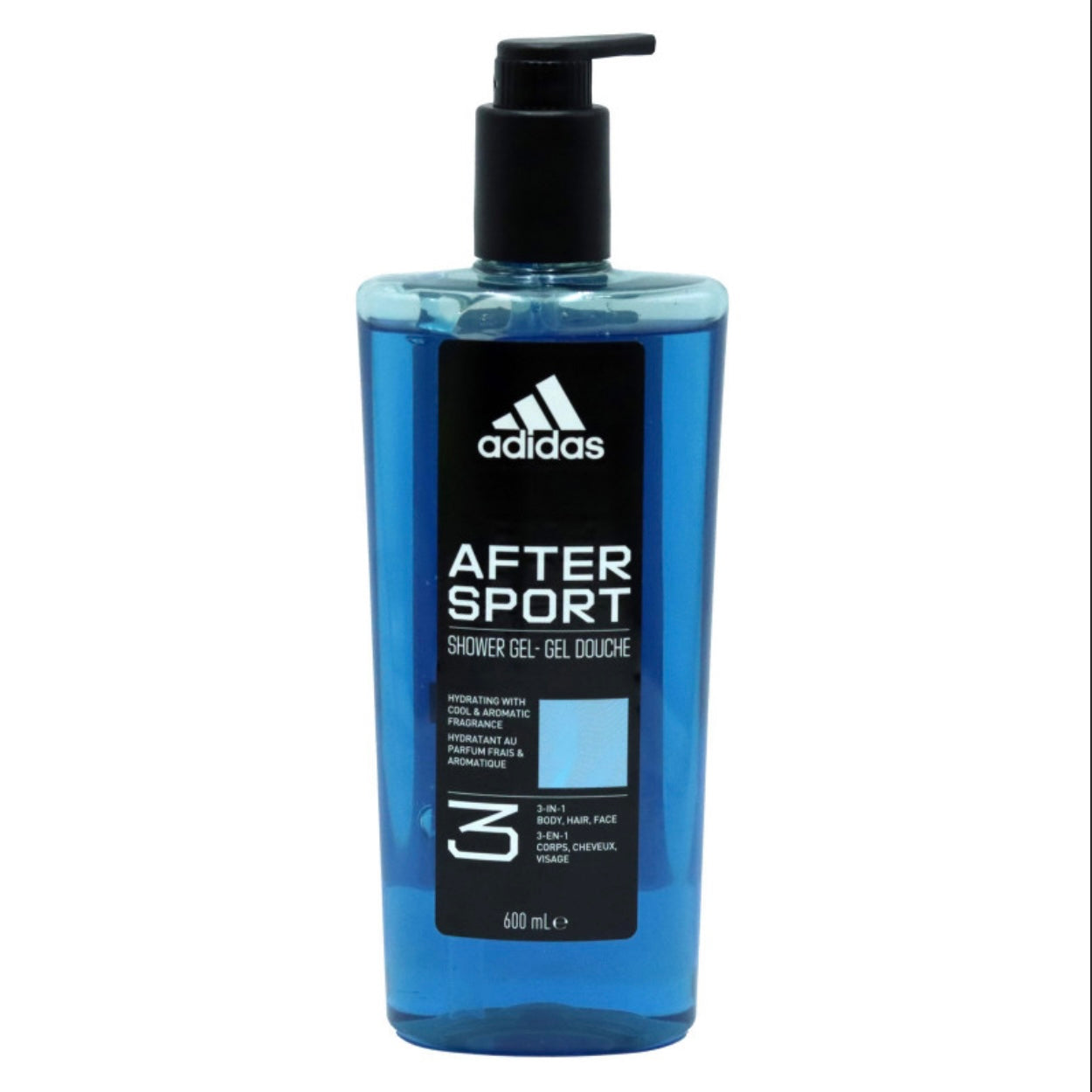 Adidas After Sport 3 in 1 dušas želeja ar dozatoru 600 ml – ķermenim, sejai un matiem