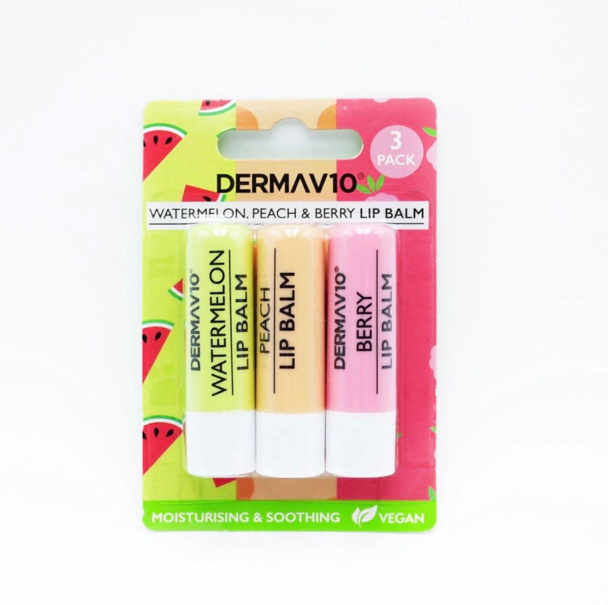 Derma V10 lūpu balzamu komplekts – melone, persiks un ogas, 3 gab