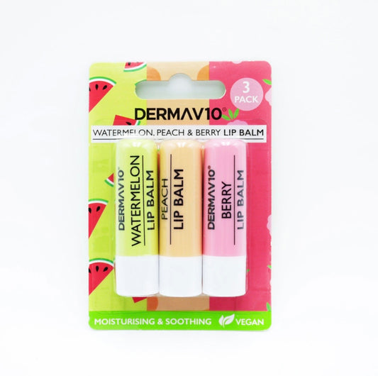 Derma V10 lūpu balzamu komplekts – melone, persiks un ogas, 3 gab