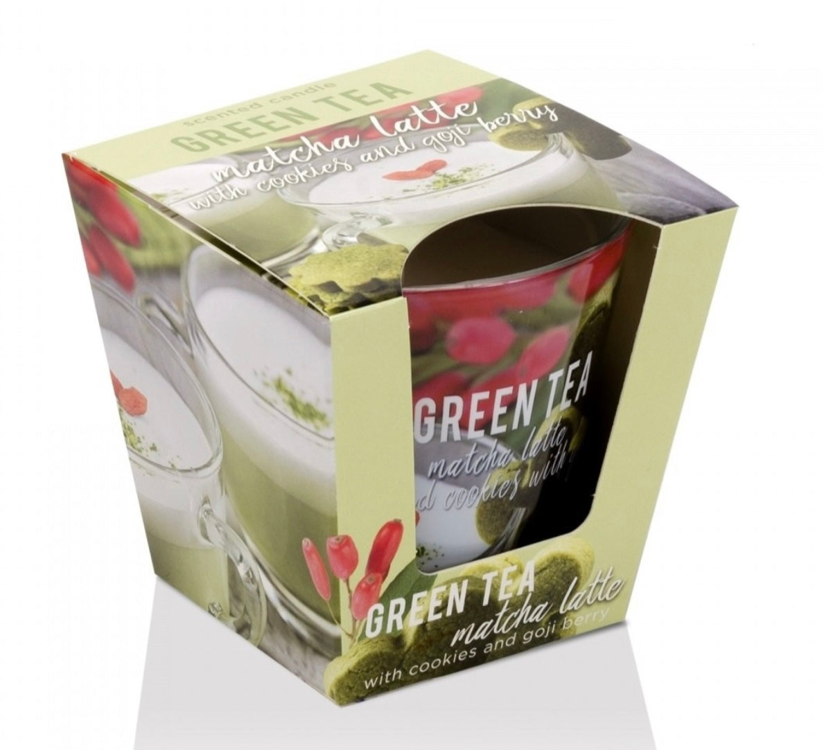 Svece stikla traukā ar aromātu “Green Tea Matcha Latte with Cookies and Goji Berries” 115 g,30 h