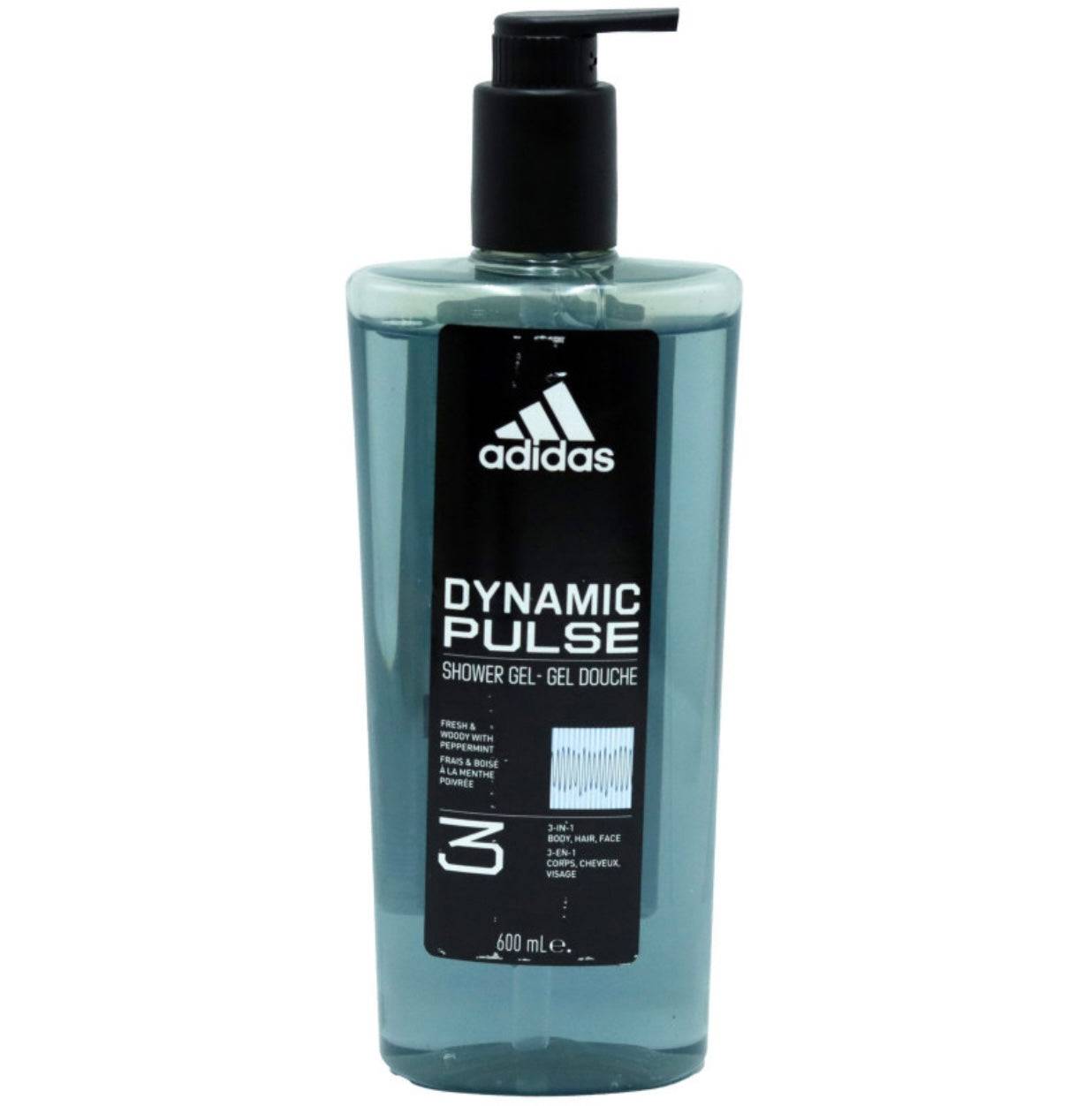 Adidas Dynamic Pulse 3 in 1 dušas želeja ar dozatoru 600 ml – ķermenim, sejai un matiem