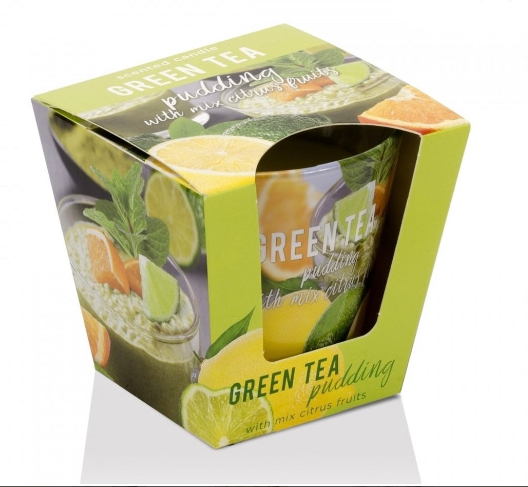 Svece stikla traukā ar aromātu “Green Tea Pudding with Mix Citrus Fruits” 115 g, 30 h