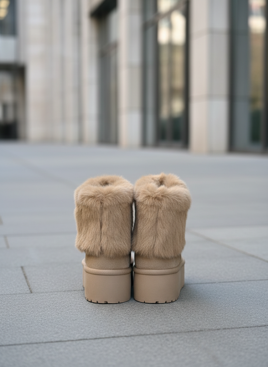 Beige winter boots back view on modern street