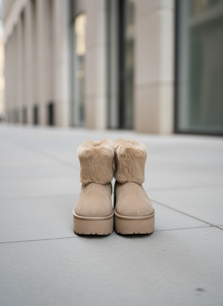 Beige winter boots front view on modern street