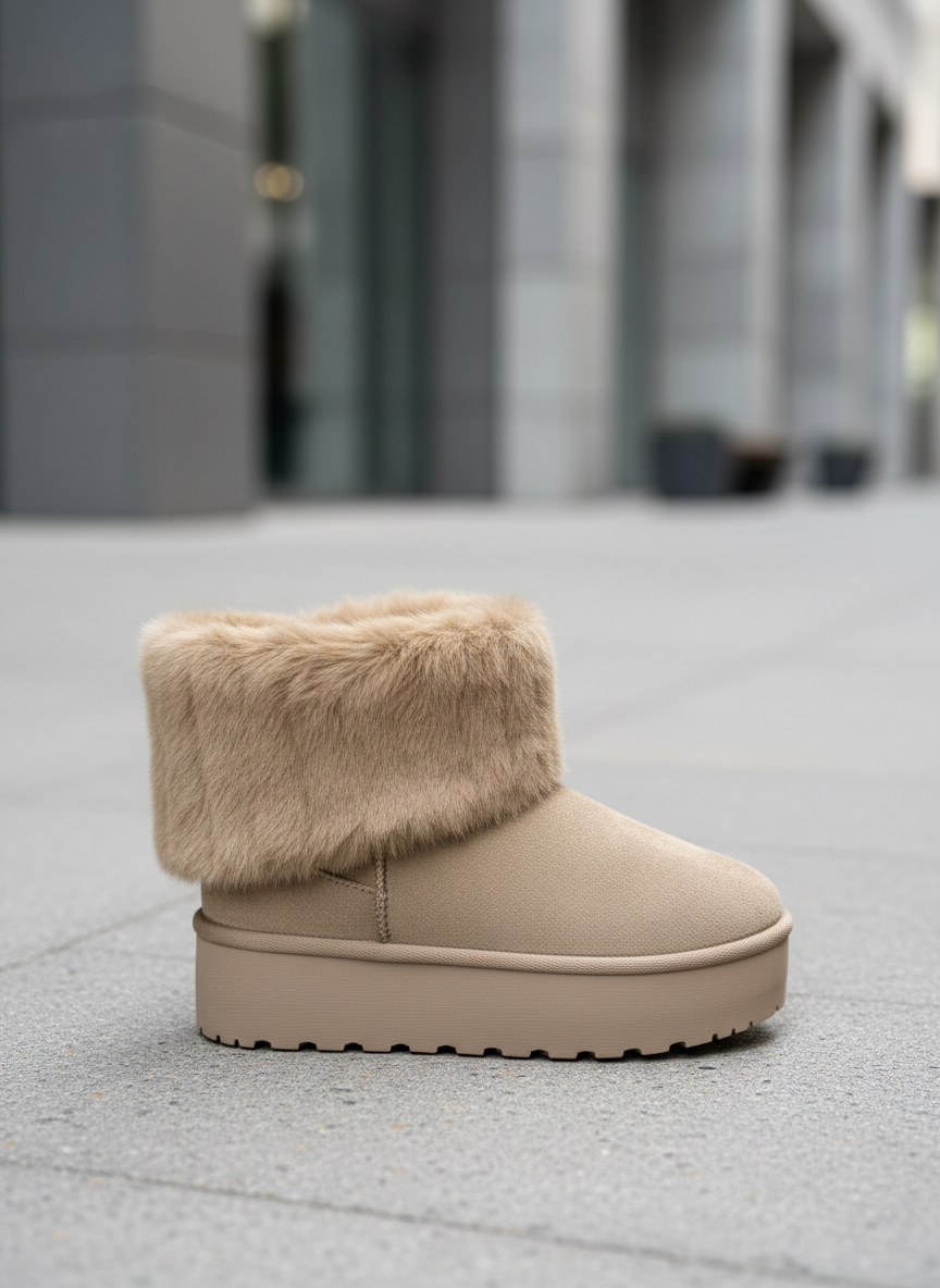 Beige winter boots side view on modern street
