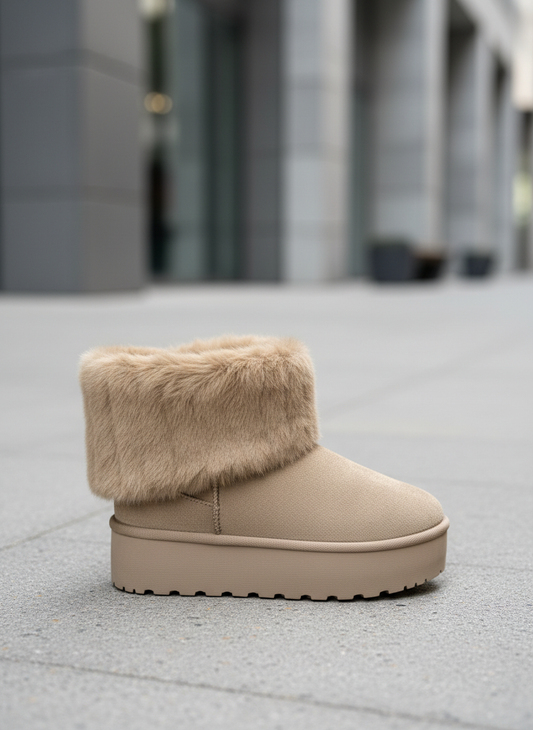 Beige winter boots side view on modern street