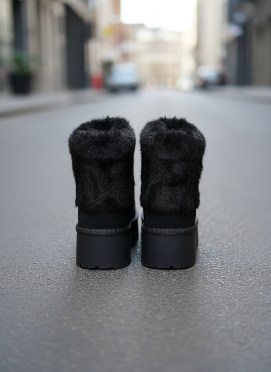 Black winter boots back view on street