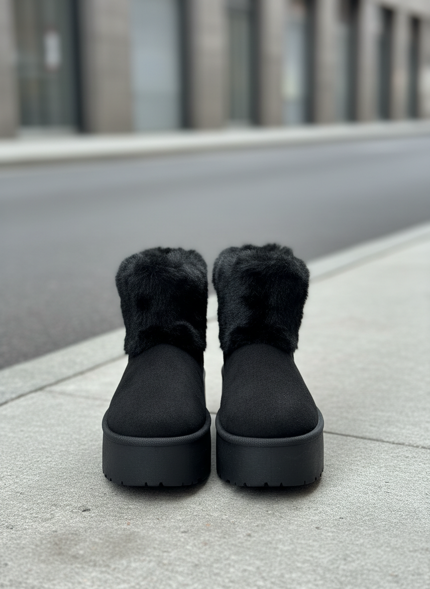 Black winter boots front view on street