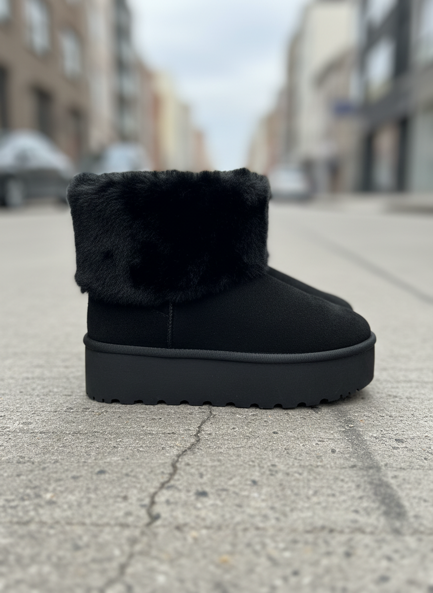 Black winter boots side view on street