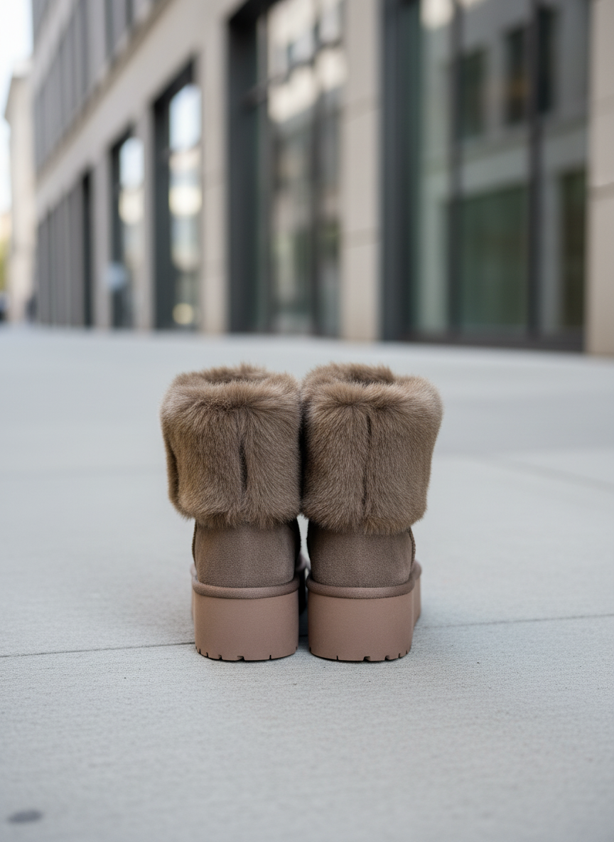 Brown winter boots back view on modern street