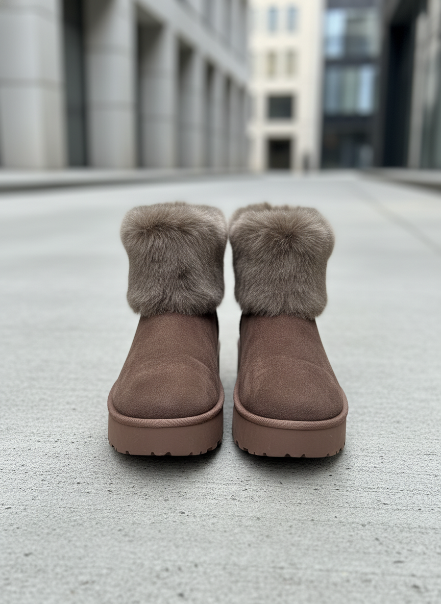 Brown winter boots front view on modern street