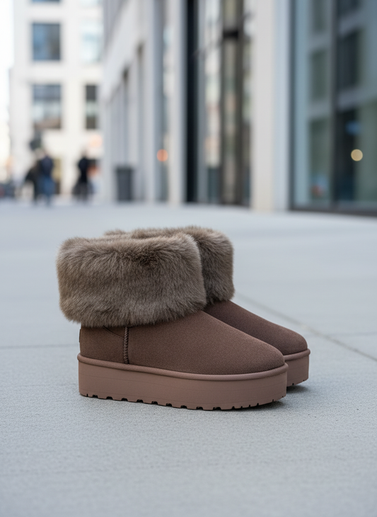 Brown winter boots side view on modern street