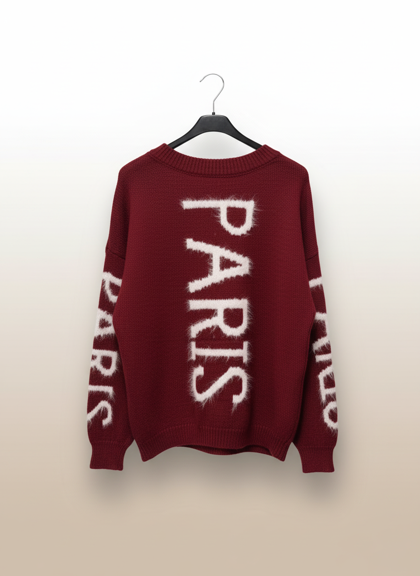 Burgundy PARIS sweater with neutral background