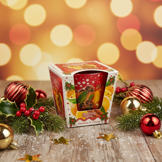 Christmas candle gift box with festive background