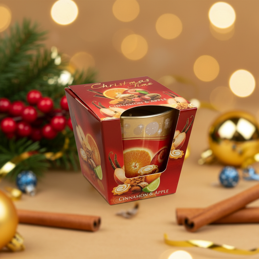 Christmas Time cinnamon and apple candle with festive background