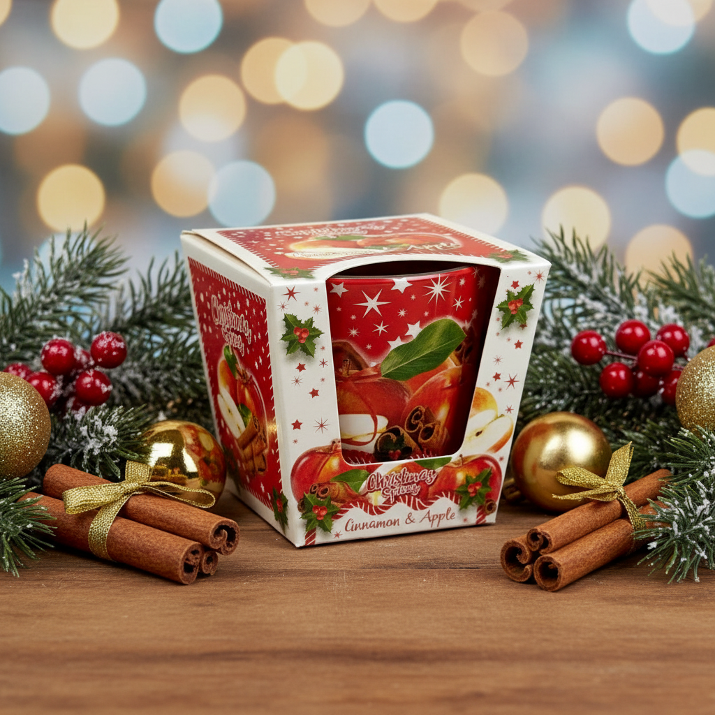 Cinnamon and apple Christmas candle with festive background