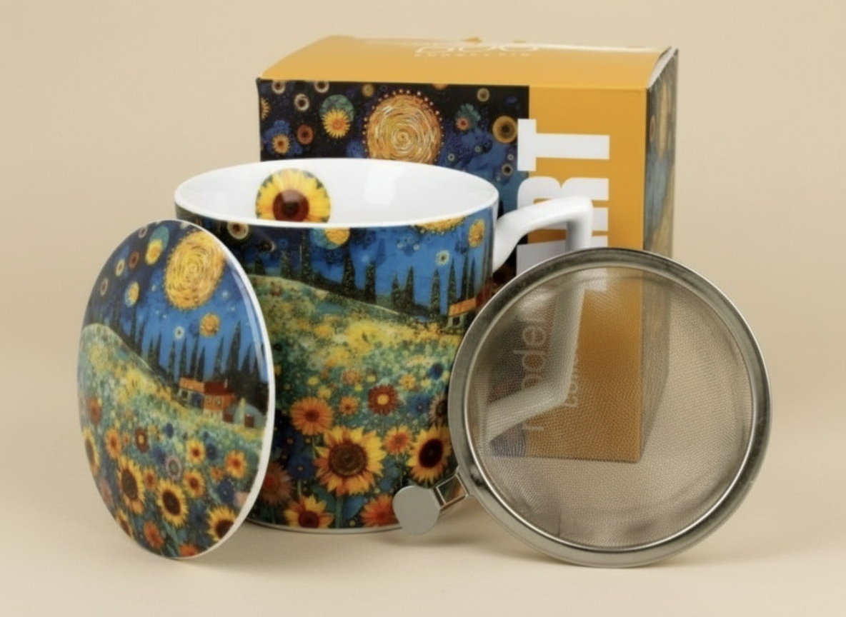 Decorative tea mug set with neutral background