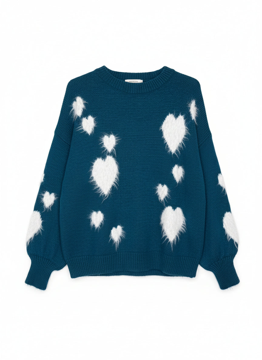 Sieviešu džemperis ar dekoratīvām baltām sirdīm