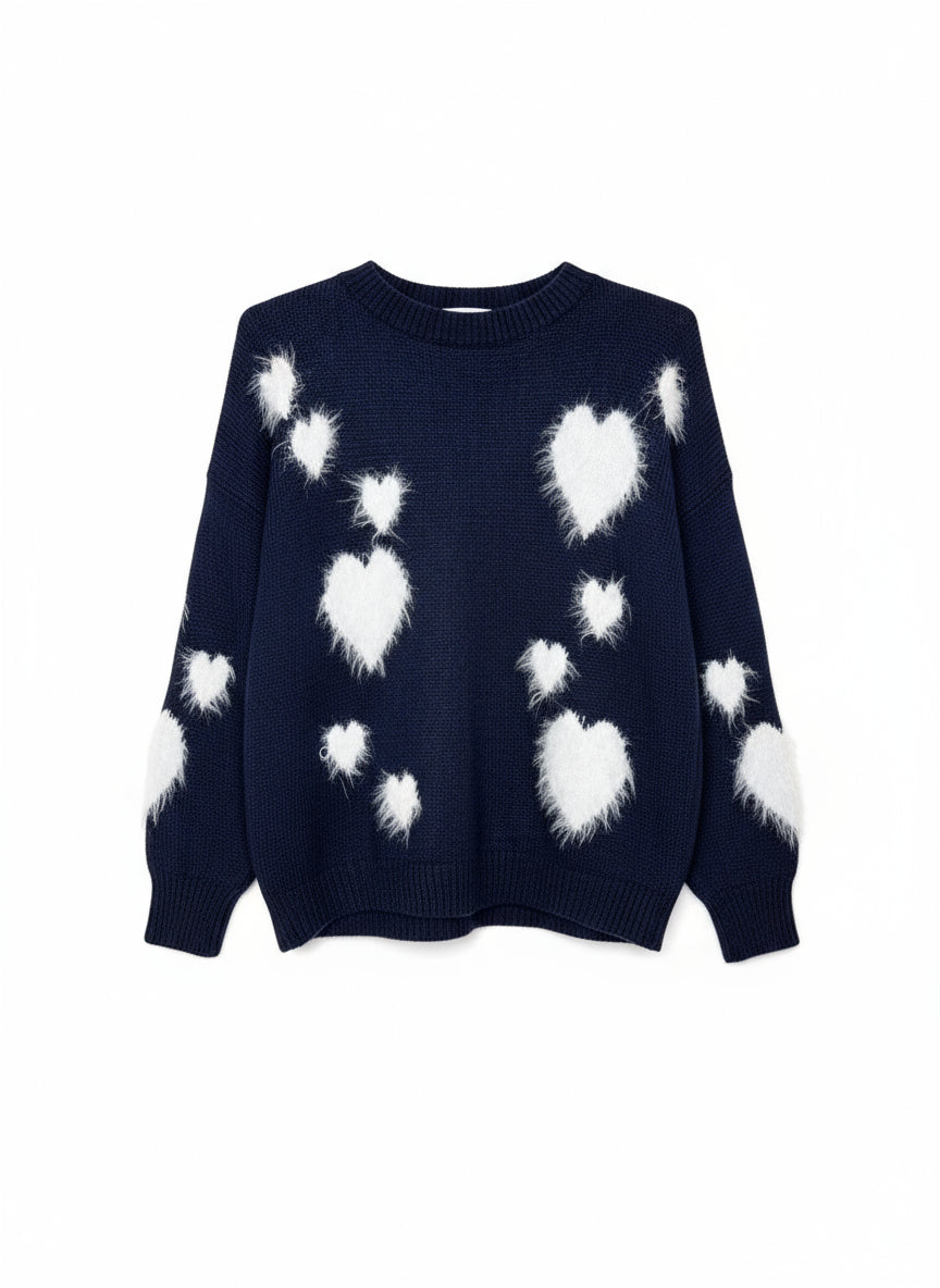 Sieviešu džemperis ar dekoratīvām baltām sirdīm