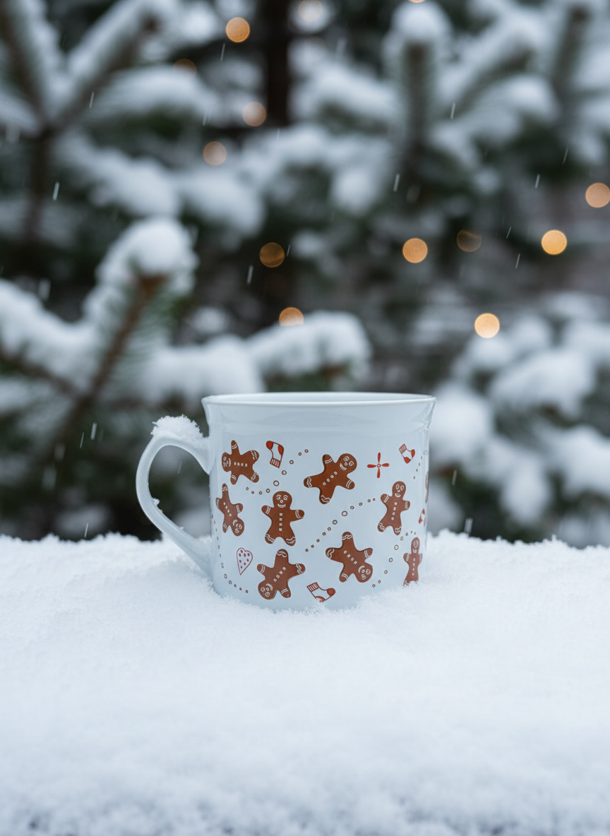 Gingerbread mug with winter background