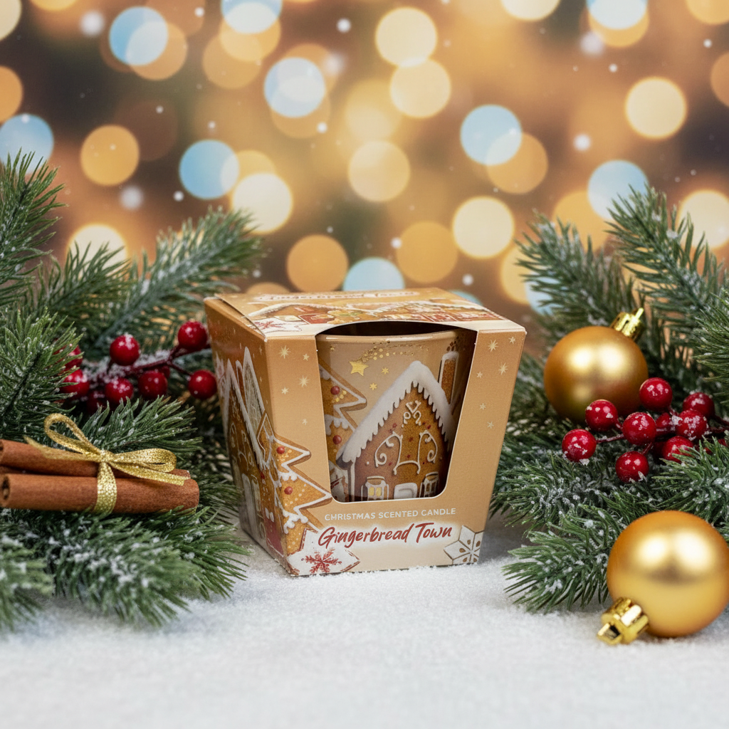 Gingerbread town candle with Christmas background