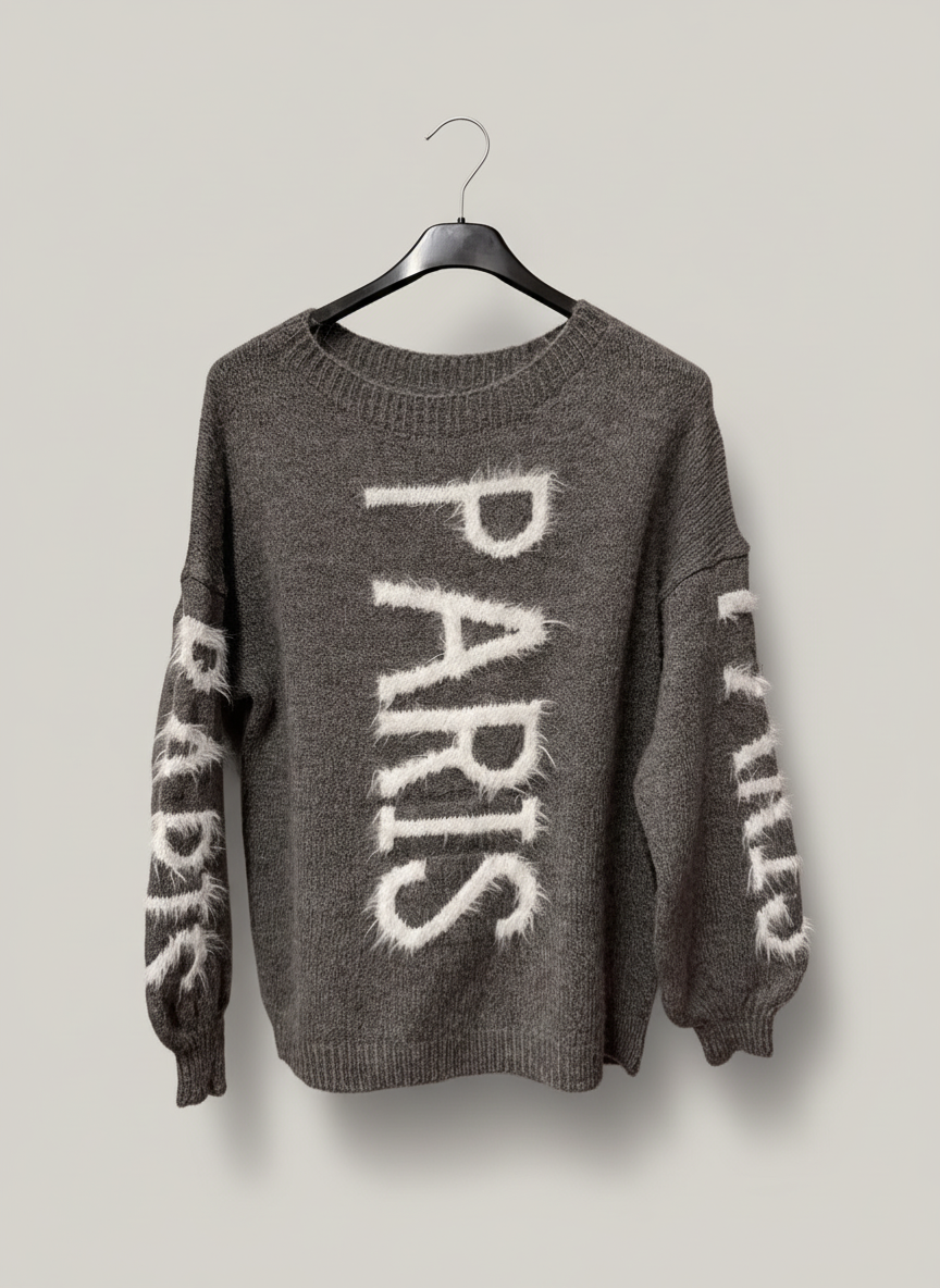 Gray PARIS sweater with neutral background