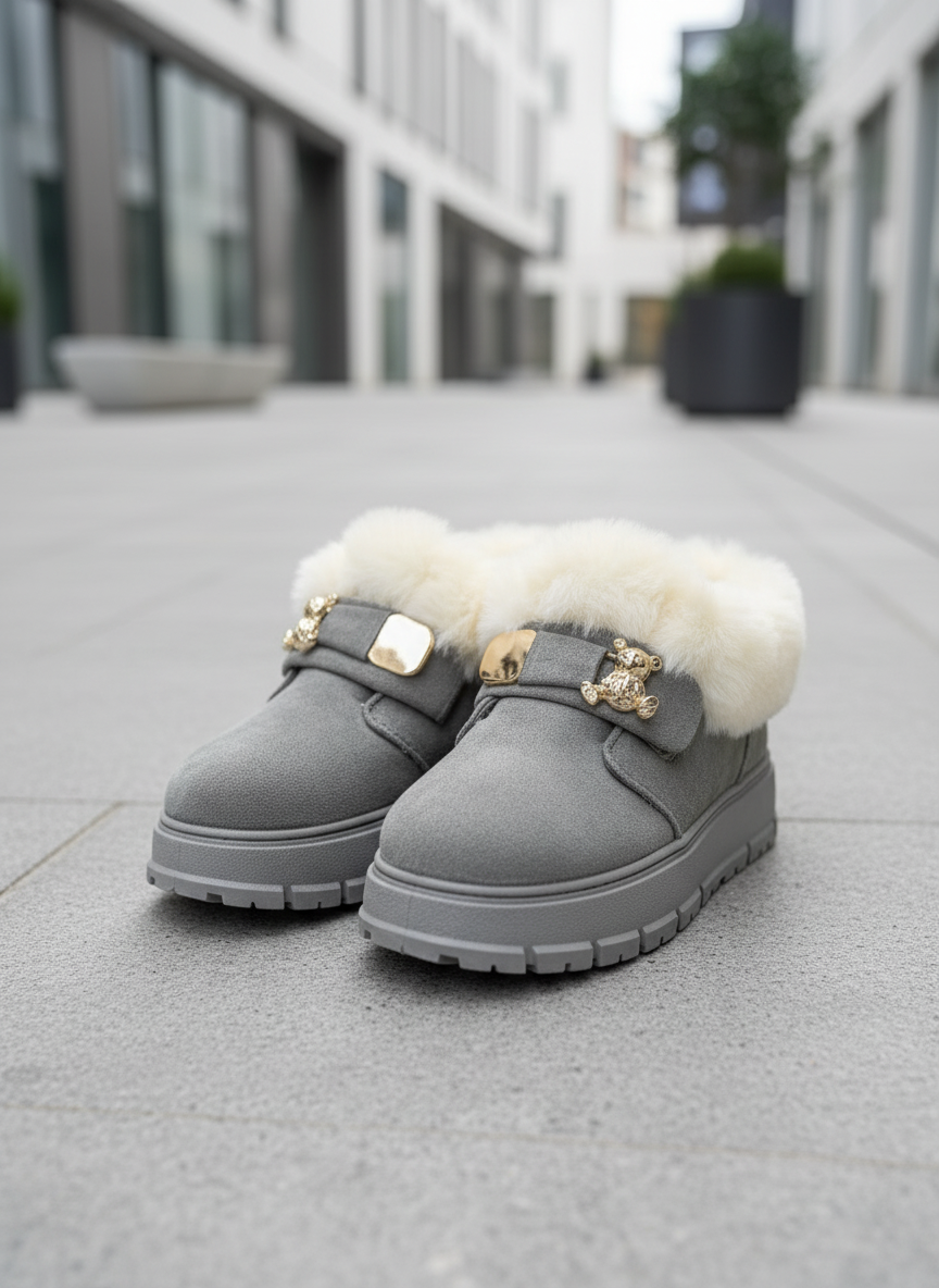 Modern grey winter boots angled view