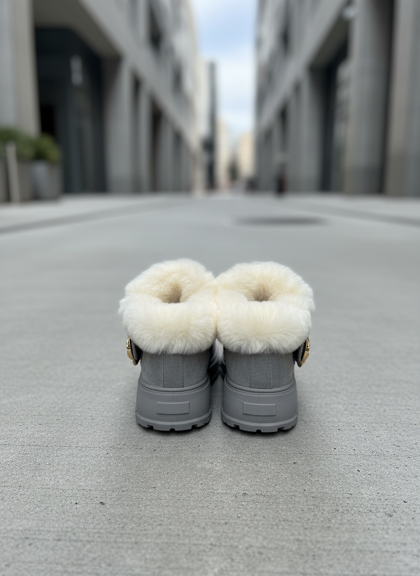 Modern grey winter boots back view