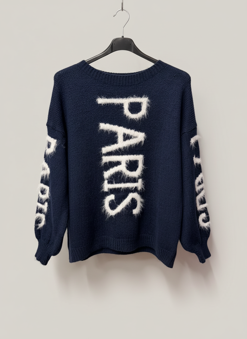 Navy PARIS sweater with neutral background