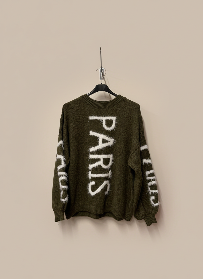 Olive green PARIS sweater with neutral background